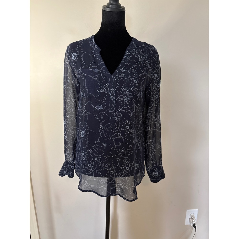 LOFT Womens XS Navy Blue Floral Line Art V-Neck Sheer Long Sleeve Blouse